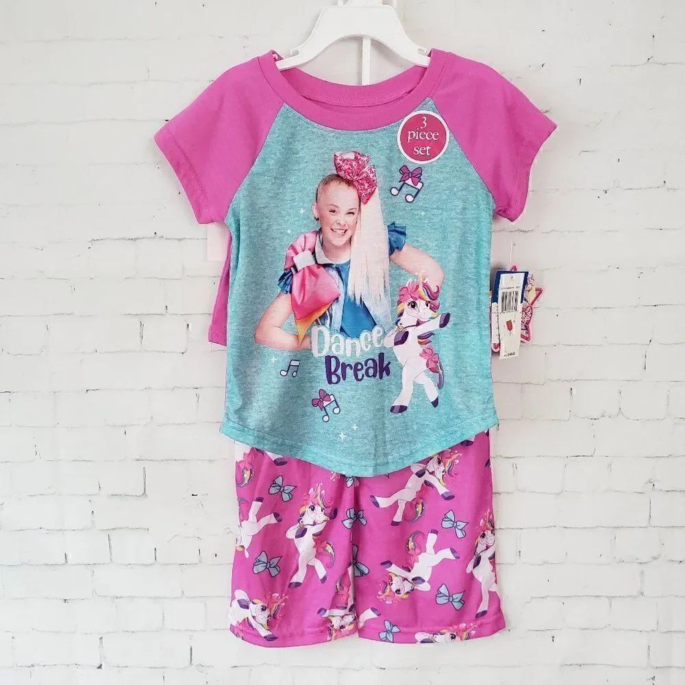 Jo Jo Siwa Pajama Set 3 Piece Top Pants Shorts Pink Girls Size 4 Nickelodeon NEW